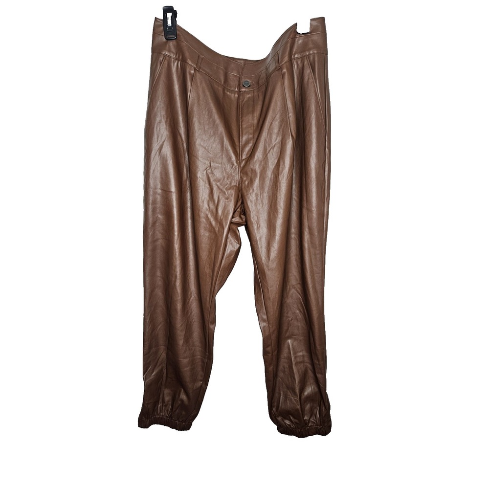 Paige Faux Leather Pants‎ Cognac Brown Hem Jogger Women's